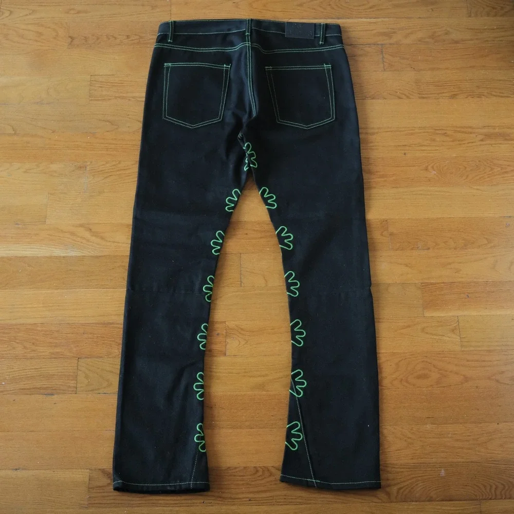 Lost SHDWS Green Outline Denim Jeans Mens Black Floral Streetwear 36 Straight